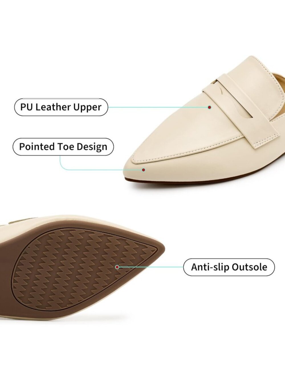 Women's Mules Light Beige Slingback Flats Pointed Toe Backless Loafers Shoes - Picture 4 of 6